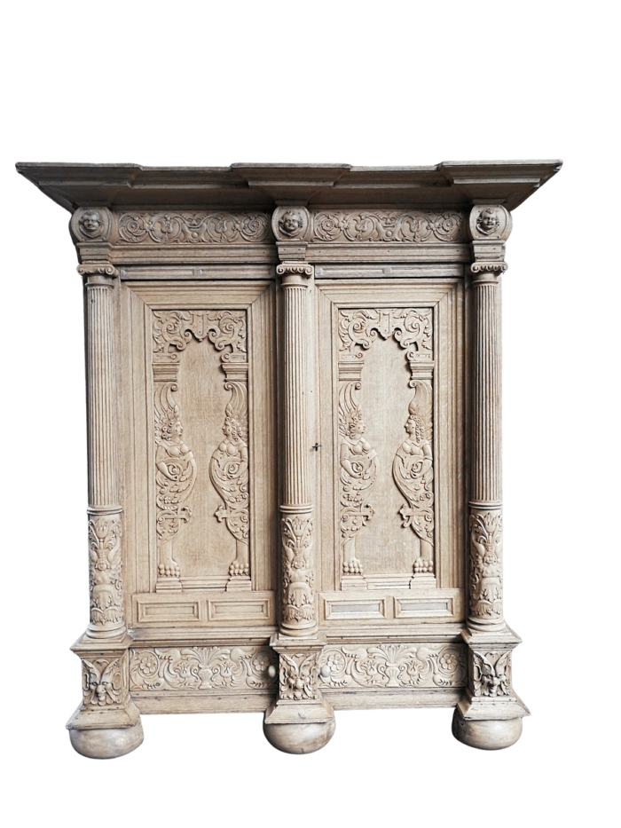 An 18th Century Continental Bleached / Natural Oak Cupboard The Interior Fitted With An Array Of Shelves And Drawers - ND