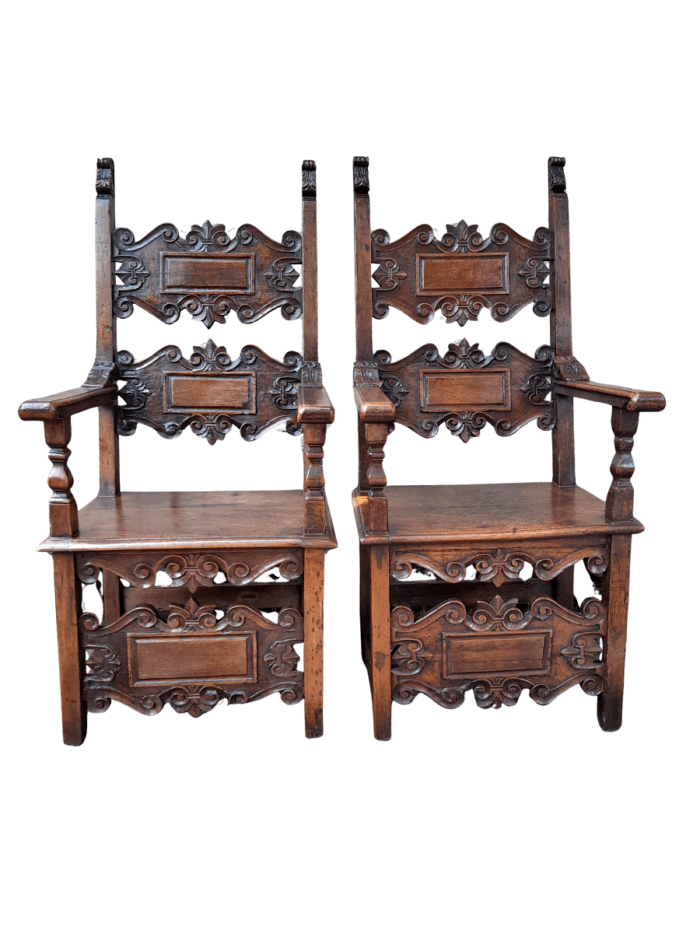 A Pair of Antique 18th / 19th Century Walnut Ornately Carved King / Throne