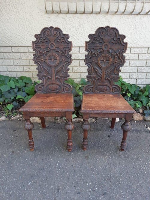 Pair Of "Gothic Revival" Carved Oak Hall Chairs