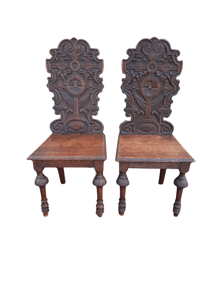 Pair Of "Gothic Revival" Carved Oak Hall Chairs