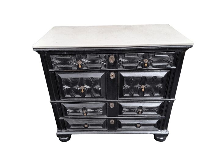 An Antique Early 18th Century Oak Chest of Drawers with Original Hardware in a Contemporary Finish with a Marble Top