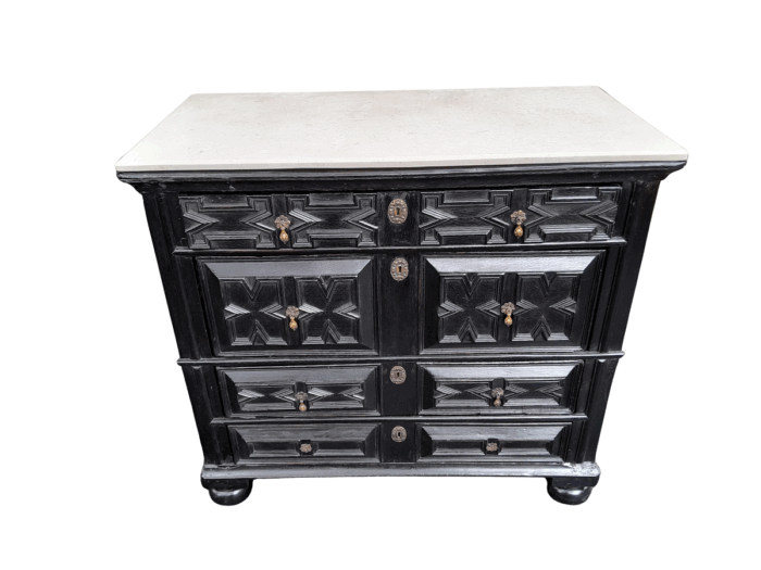An Antique Early 18th Century Oak Chest of Drawers with Original Hardware in a Contemporary Finish with a Marble Top