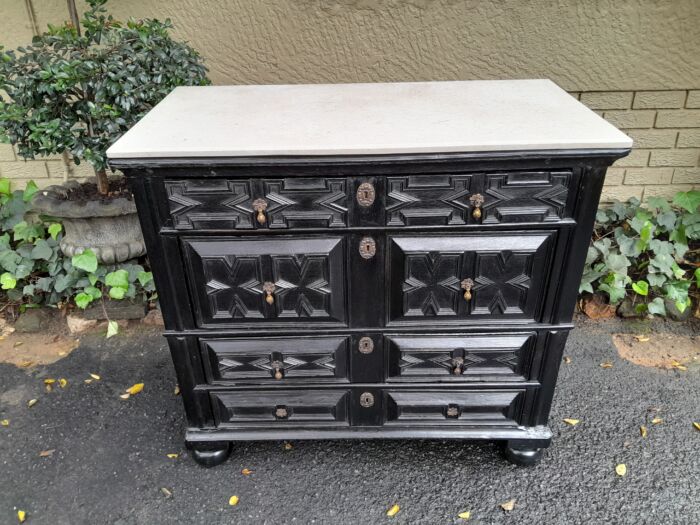 An Antique Early 18th Century Oak Chest of Drawers with Original Hardware in a Contemporary Finish with a Marble Top - Image 5