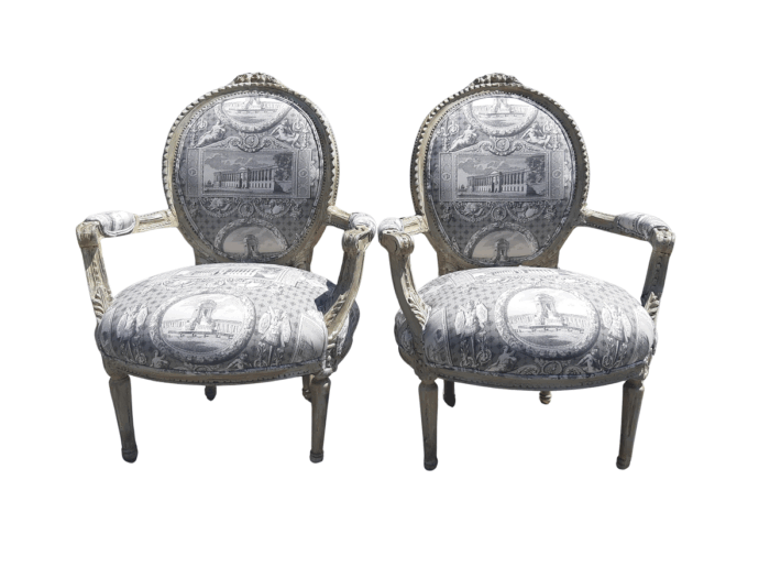 Pair of French Style Carved Armchairs, Light Natural Colour in (upholstered Imported Linen and Cotton )