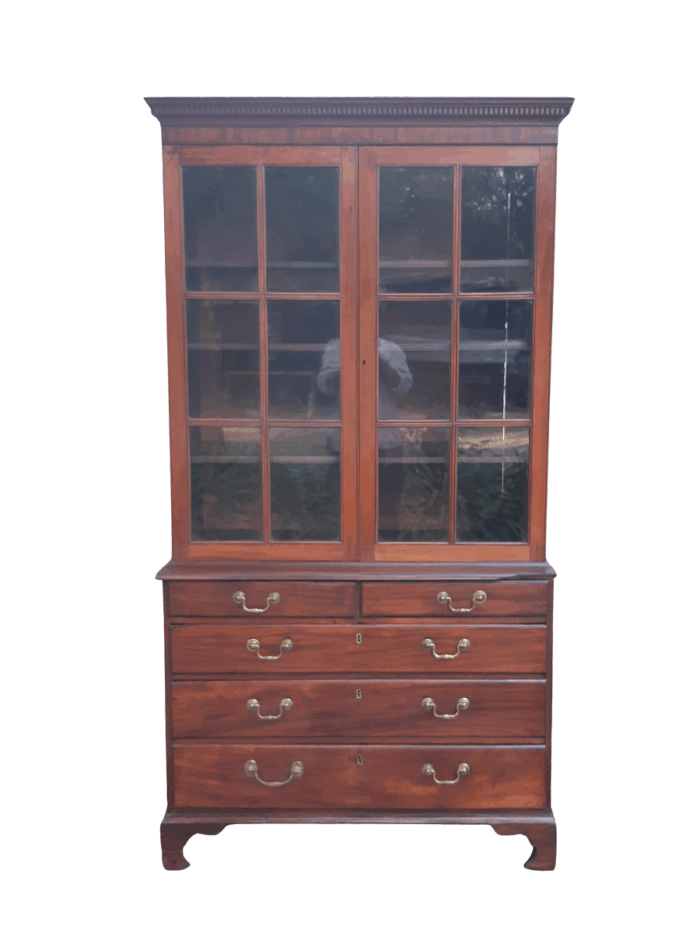 A Georgian Mahogany Bookcase on Chest with Slide-in Shelves & Original Brass Hardware on Bracket feet