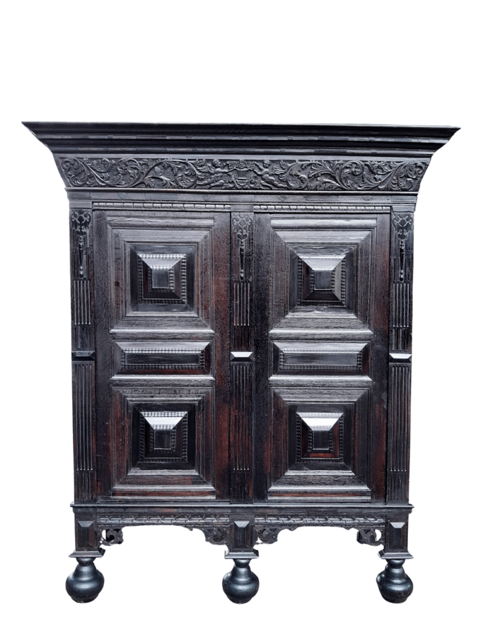 An Early19th Century Circa 1800’s Dutch Carved Oak Kussenkast / Cabinet / Drinks Cabinet / Cupboard in a Contemporary Ebonised Finish (Useful as a Drinks Cabinet or for TV, storing pillows, duvets, towels etc)