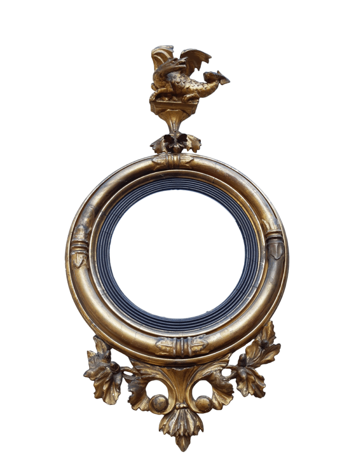 19th Century gilt-painted wooden convex mirror with dragon