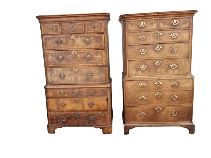 A NEAR PAIR of George III Burr walnut chest-on-chests