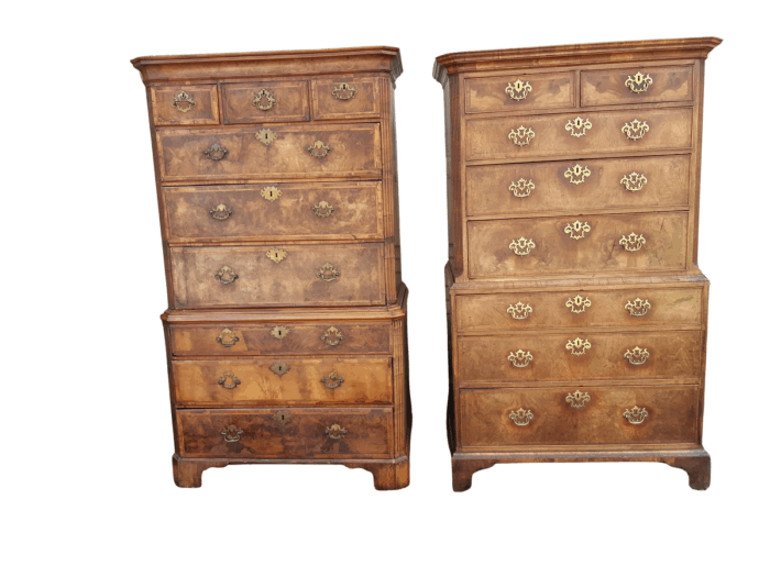 A NEAR PAIR of George III Burr walnut chest-on-chests
