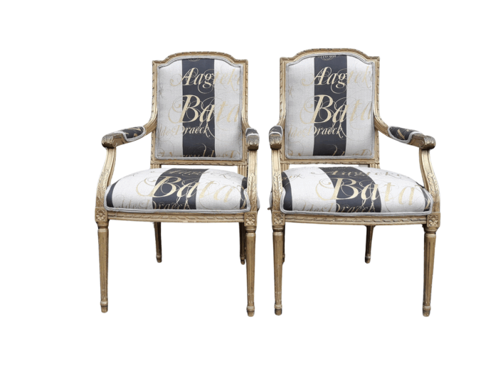 A Fine Pair of Antique / Vintage French Style Gilded Armchairs Upholstered in a Hand-painted Fabric
