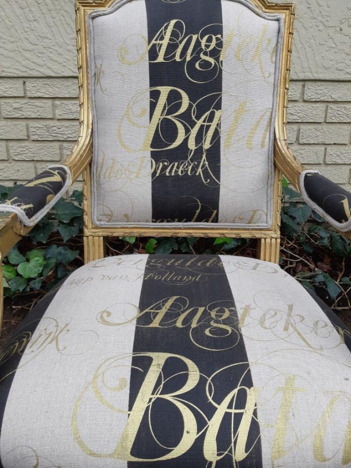 A Fine Pair of Antique / Vintage French Style Gilded Armchairs Upholstered in a Hand-painted Fabric - Image 11