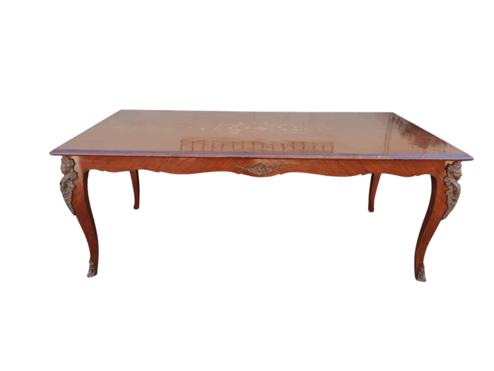 A Mid 20th Century French Mahogany Dining Table with Inlay and Brass Ormolu Mounts (8 Seater)