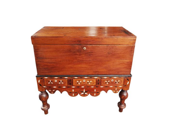 An Anglo Indian Burmese Teak Chest on Stand with Ebony Inlay. Circa 1880