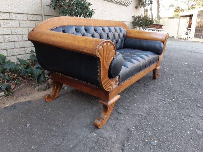 A Biedermeier Settee Covered in Leather and Deep Buttoned Circa Early 20th Century - Image 8