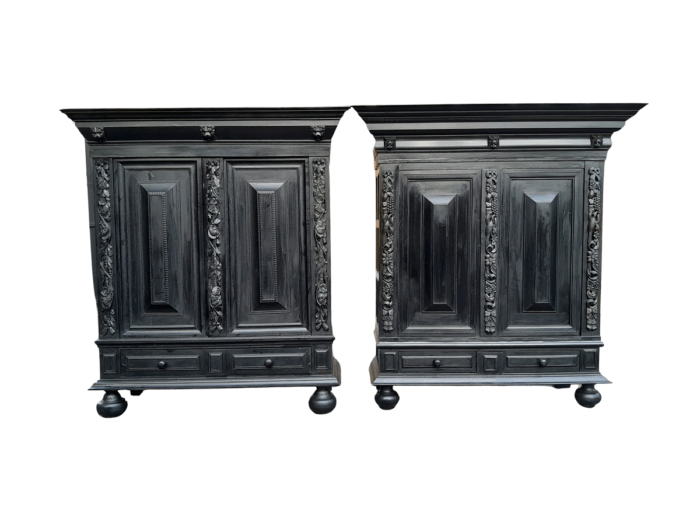 A Mid 20th Century Near Pair of Dutch Oak Kussenkasts On Bun Feet In a Contemporary Ebonised Finish (Useful for TV or storing Bedroom Pillows, Duvets, Towels etc)