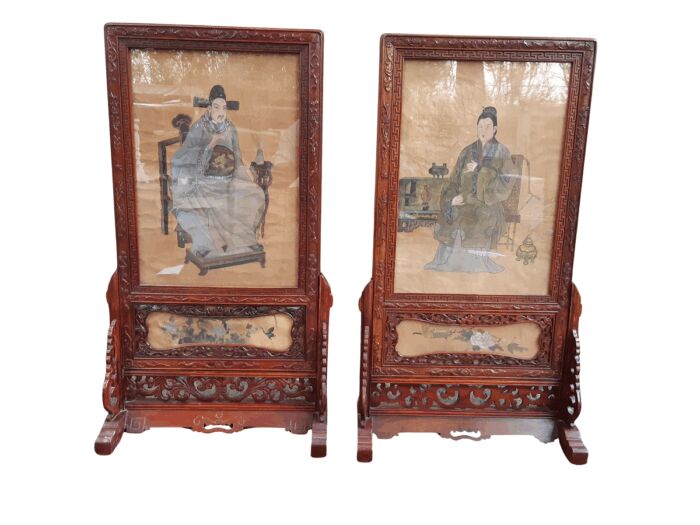 A Rare Pair of Late 19th Century Chinese Portraits on Silk in Chinese Wooden Carved Standing Frames