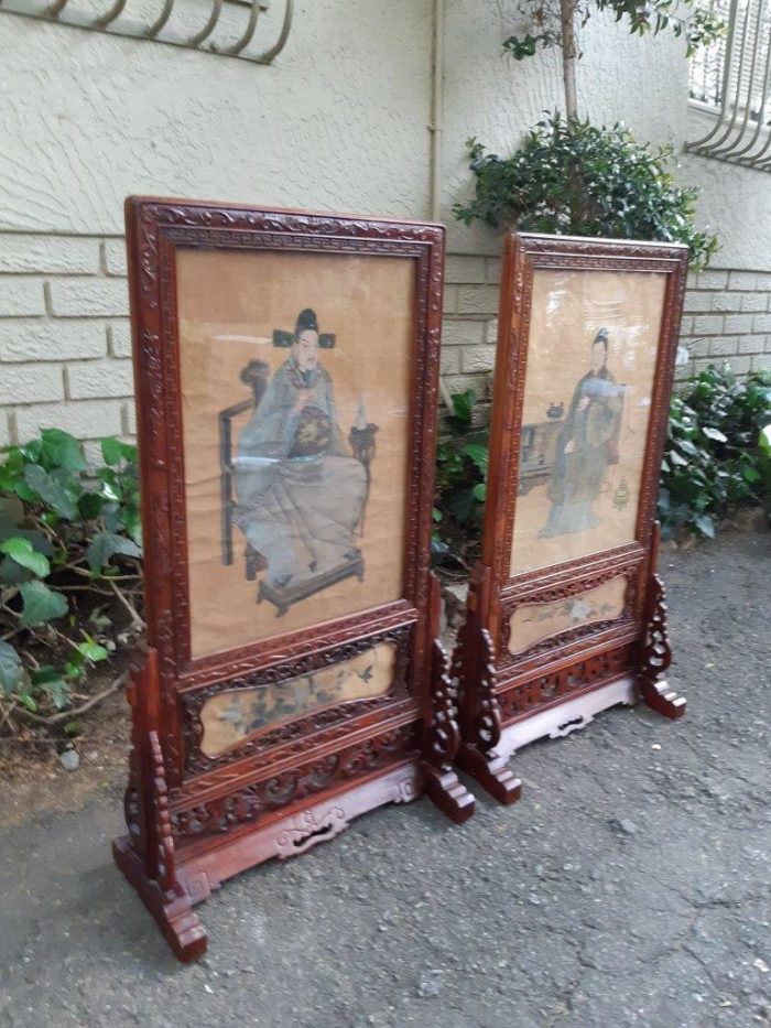 A Rare Pair of Late 19th Century Chinese Portraits on Silk in Chinese Wooden Carved Standing Frames - Image 3