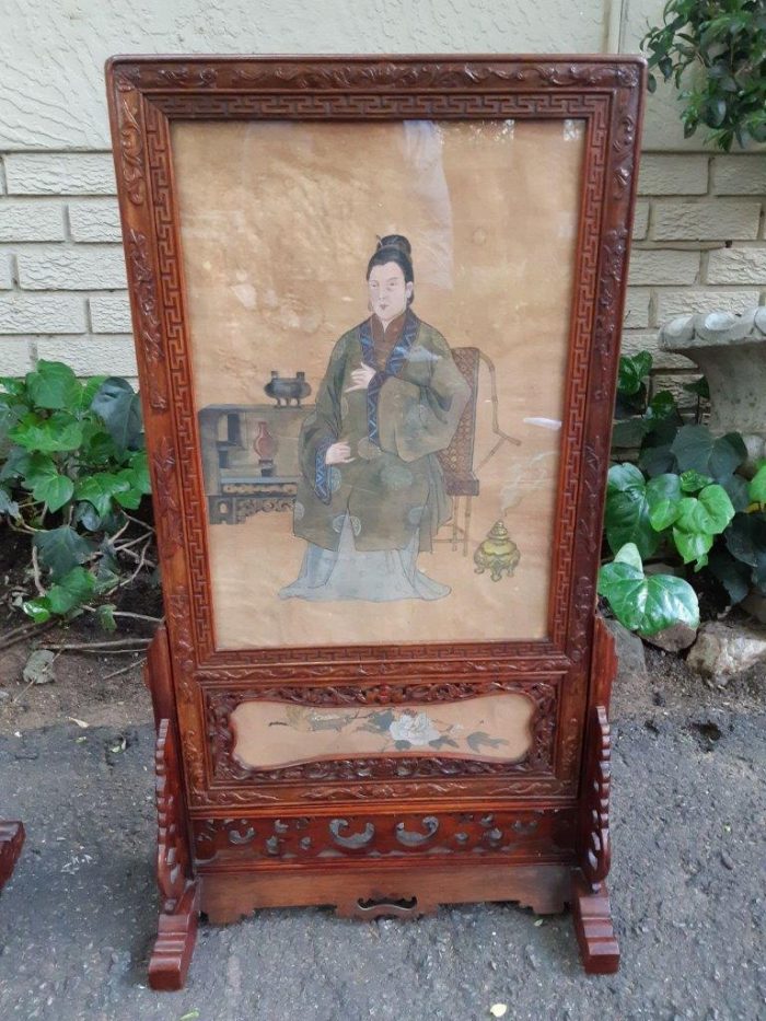 A Rare Pair of Late 19th Century Chinese Portraits on Silk in Chinese Wooden Carved Standing Frames - Image 5