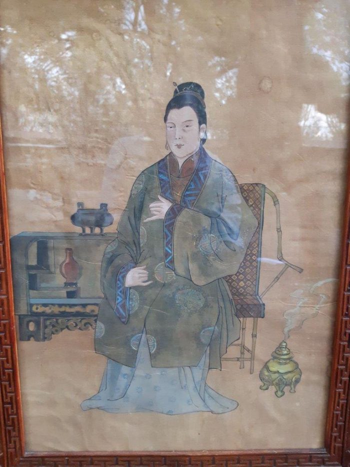 A Rare Pair of Late 19th Century Chinese Portraits on Silk in Chinese Wooden Carved Standing Frames - Image 6