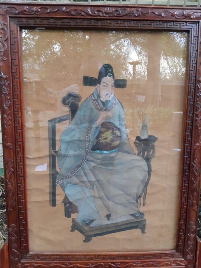 A Rare Pair of Late 19th Century Chinese Portraits on Silk in Chinese Wooden Carved Standing Frames - Image 7