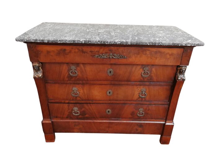 Rare Original French Empire Walnut Commode With Fossil Marble Top And Gilt Bronze Mountings, Original Hardware, Early 19th Century