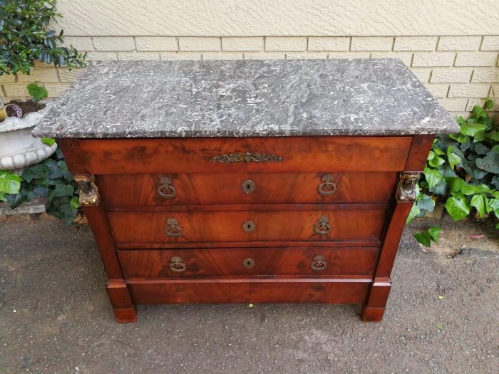 Rare Original French Empire Walnut Commode With Fossil Marble Top And Gilt Bronze Mountings, Original Hardware, Early 19th Century - Image 4