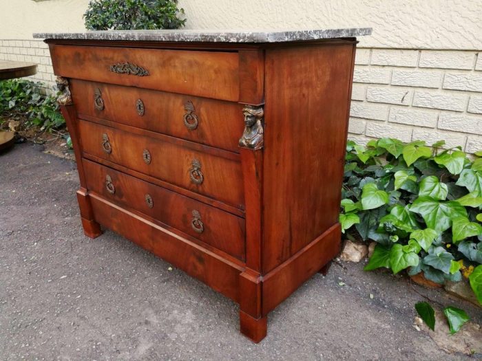Rare Original French Empire Walnut Commode With Fossil Marble Top And Gilt Bronze Mountings, Original Hardware, Early 19th Century - Image 5