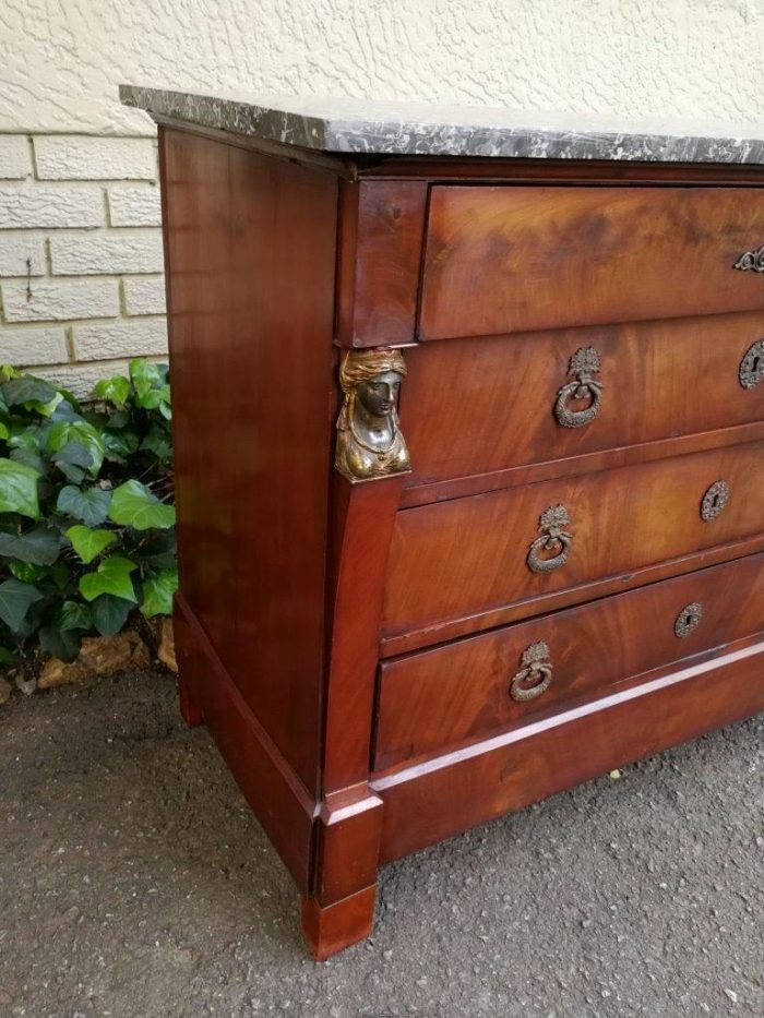 Rare Original French Empire Walnut Commode With Fossil Marble Top And Gilt Bronze Mountings, Original Hardware, Early 19th Century - Image 6