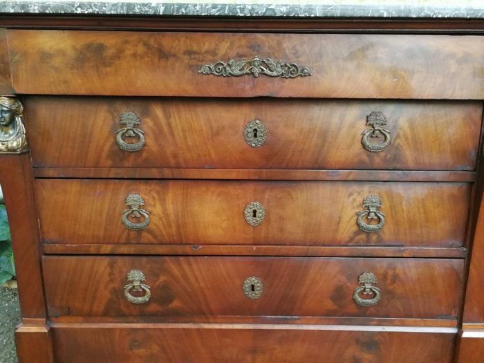 Rare Original French Empire Walnut Commode With Fossil Marble Top And Gilt Bronze Mountings, Original Hardware, Early 19th Century - Image 7