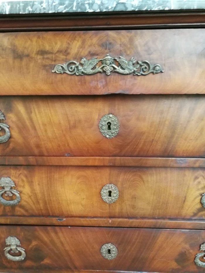 Rare Original French Empire Walnut Commode With Fossil Marble Top And Gilt Bronze Mountings, Original Hardware, Early 19th Century - Image 8