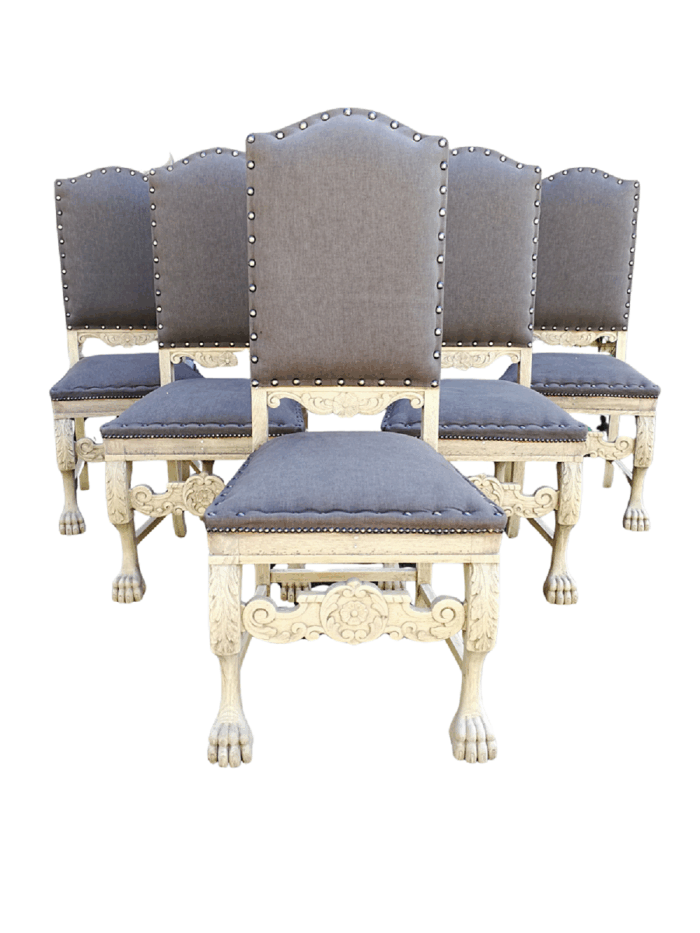 A Set of Six Carved and Bleached / Natural Wood Finish Oak Wooden Chairs on Lion Paw Feet  Upholstered in an Imported English Grey Linen