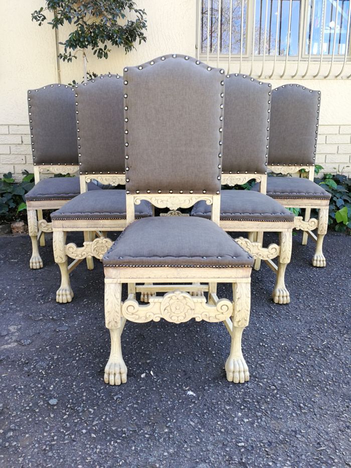 A Set of Six Carved and Bleached / Natural Wood Finish Oak Wooden Chairs on Lion Paw Feet  Upholstered in an Imported English Grey Linen - Image 2