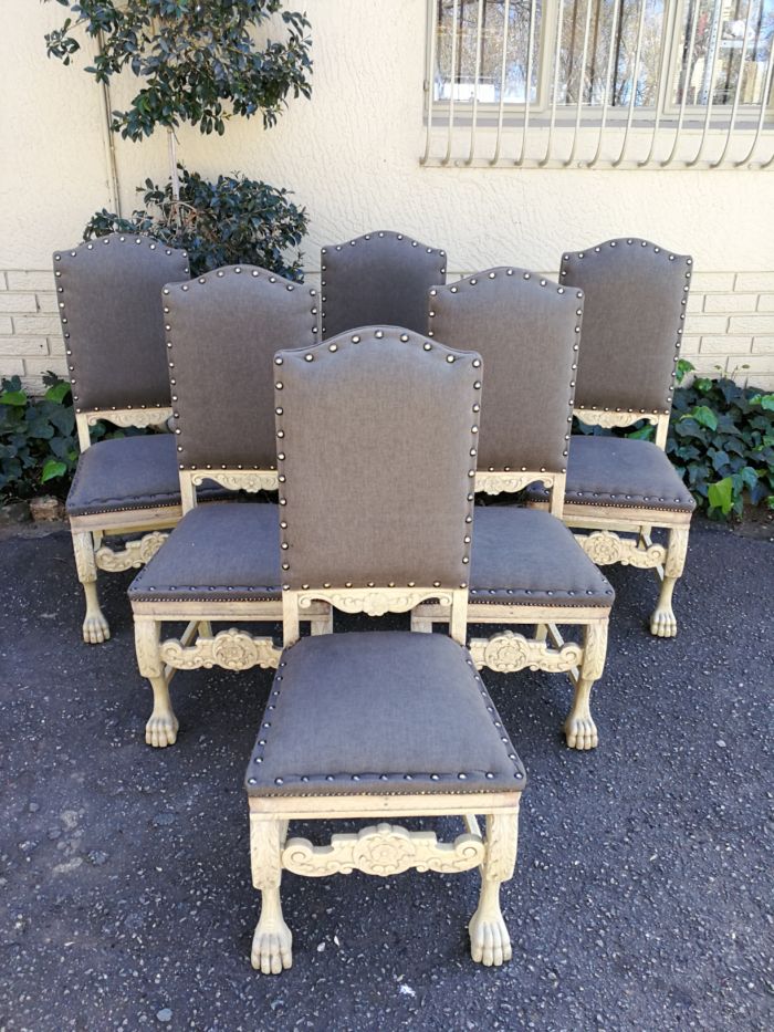 A Set of Six Carved and Bleached / Natural Wood Finish Oak Wooden Chairs on Lion Paw Feet  Upholstered in an Imported English Grey Linen - Image 3