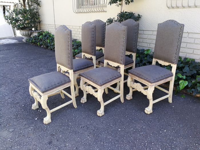 A Set of Six Carved and Bleached / Natural Wood Finish Oak Wooden Chairs on Lion Paw Feet  Upholstered in an Imported English Grey Linen - Image 4