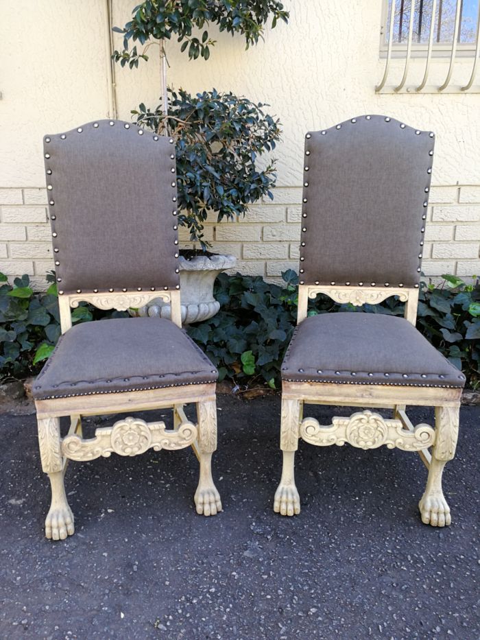 A Set of Six Carved and Bleached / Natural Wood Finish Oak Wooden Chairs on Lion Paw Feet  Upholstered in an Imported English Grey Linen - Image 5