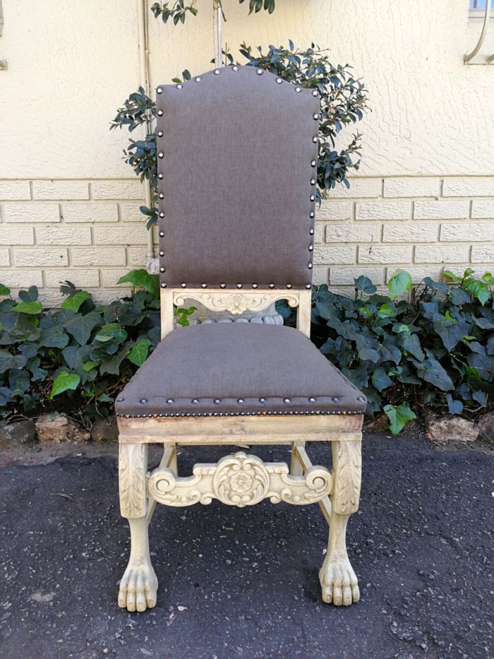 A Set of Six Carved and Bleached / Natural Wood Finish Oak Wooden Chairs on Lion Paw Feet  Upholstered in an Imported English Grey Linen - Image 6