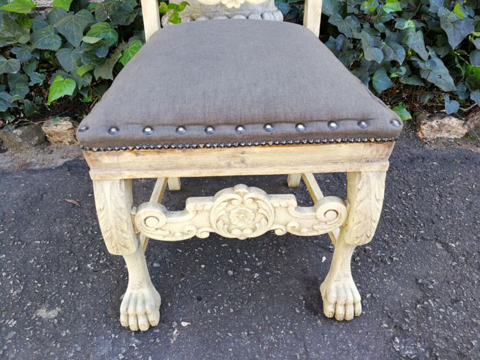 A Set of Six Carved and Bleached / Natural Wood Finish Oak Wooden Chairs on Lion Paw Feet  Upholstered in an Imported English Grey Linen - Image 8