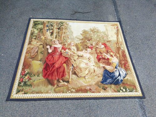 Antique Aubusson French Tapestry Garden Party Scene Hand Woven Circa.19th Century