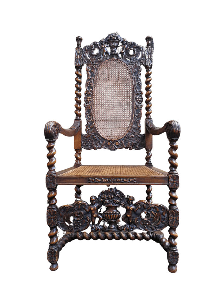 19th Century Ornately Carved Flemish Throne Chair With Rattan Back And Seat