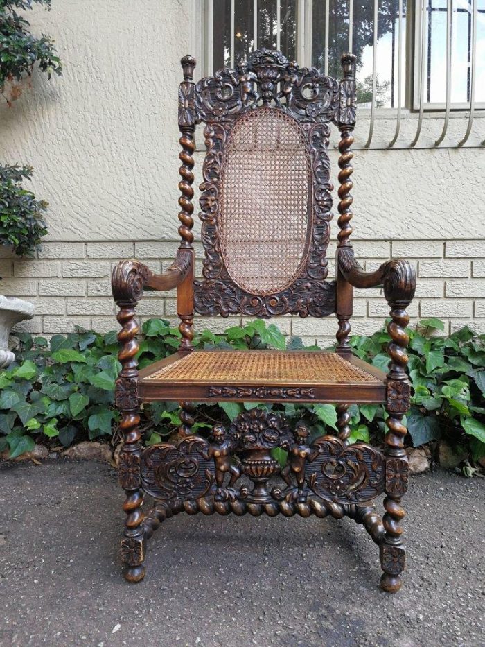 19th Century Ornately Carved Flemish Throne Chair With Rattan Back And Seat - Image 2