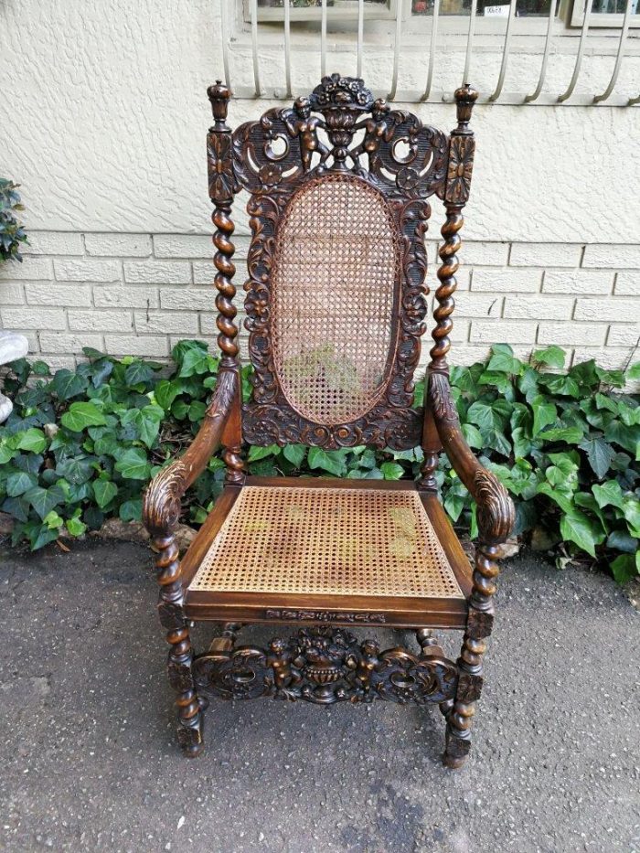 19th Century Ornately Carved Flemish Throne Chair With Rattan Back And Seat - Image 3