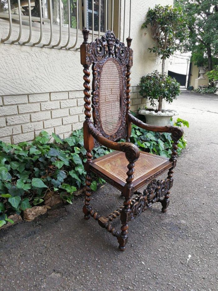 19th Century Ornately Carved Flemish Throne Chair With Rattan Back And Seat - Image 4