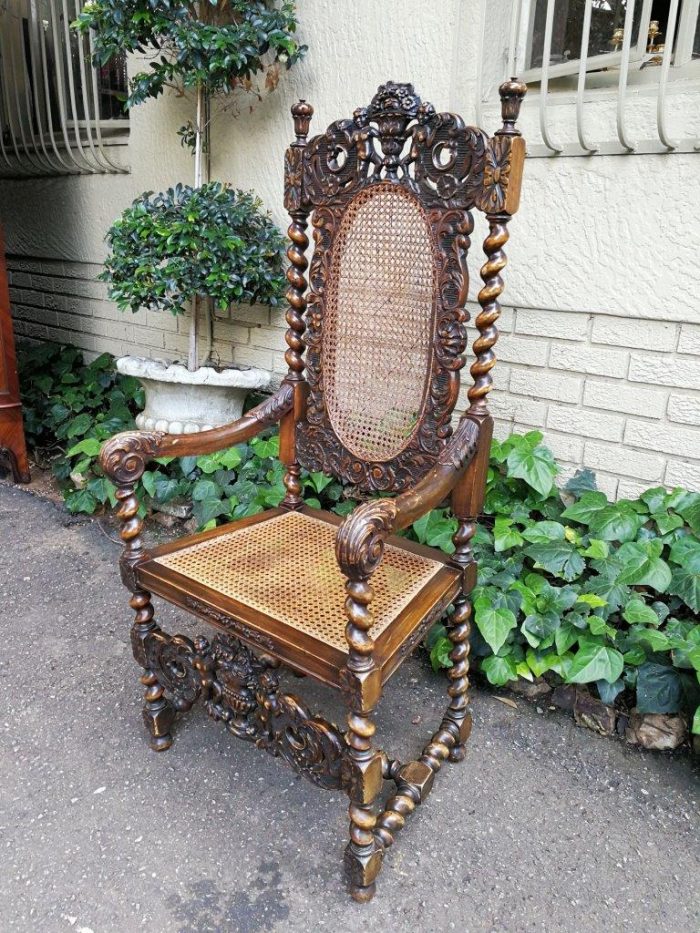 19th Century Ornately Carved Flemish Throne Chair With Rattan Back And Seat - Image 5