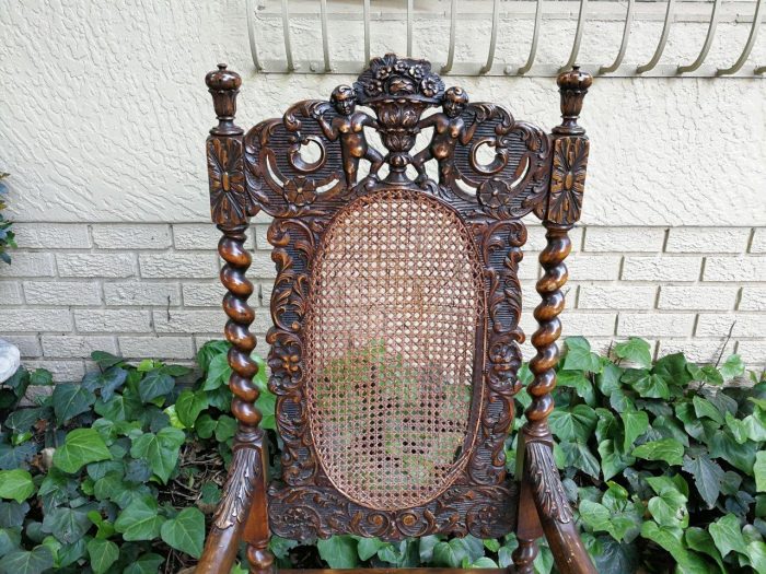 19th Century Ornately Carved Flemish Throne Chair With Rattan Back And Seat - Image 6