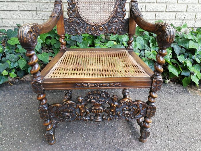 19th Century Ornately Carved Flemish Throne Chair With Rattan Back And Seat - Image 7