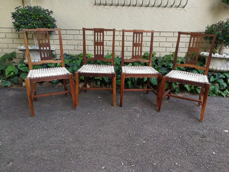 A Set Of Four (4) Bleached / Natural Mid Century Wood Riempie Chairs