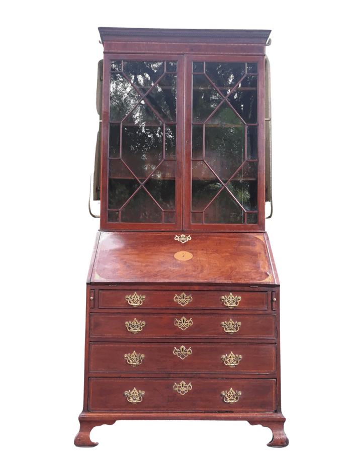 Edwardian Cubin Mahogany Secretaire With Inlaid Marquetry On Shaped Bracket Feet