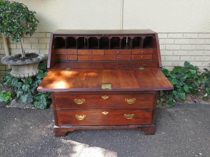 Victorian Mahogany Drop-Front Writing Bureau, The Drop-Front Enclosing Seven Small Drawers And Open Compartments, Brass Escutcheons - Image 4