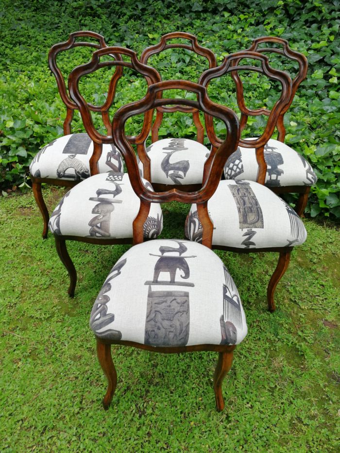 Set of 6 / six Circa 1910 Walnut Chairs Upholstered in a Contemporary Hertex Fabric - Image 3