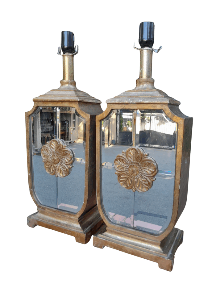 A 20TH Century French Style Pair of Mirrored and Gold Table Lamps with New Rotary Switches